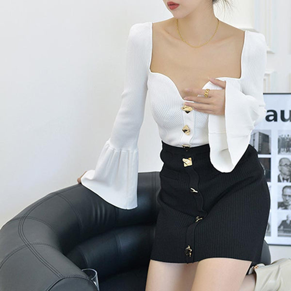 Sexy square neck ruffled long sleeve tops and button bodycon skirts suits