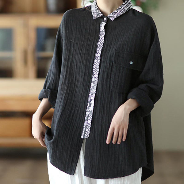 Linen patch lapel long sleeve blouses