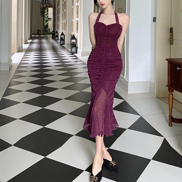 Plum halter neck shirred sleeveless mermaid party dresses