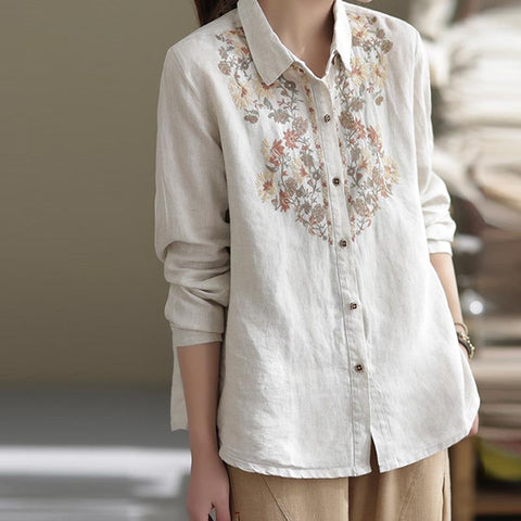 Ethnic embroidery lapel long sleeve linen blouses