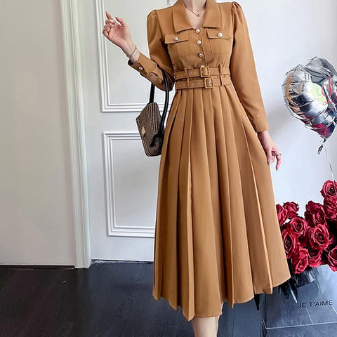 Retro lapel long sleeve belted pleated skater dresses