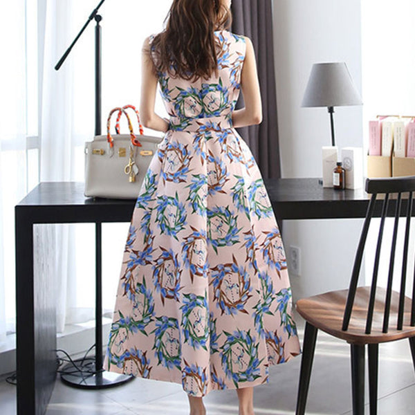 Print sleeveless belted a-line dresses