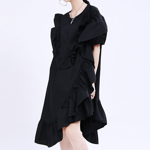 Puff sleeve lettuce ruffle shift dresses