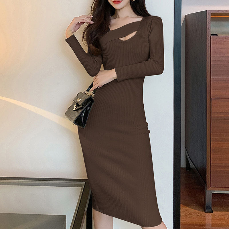 Long sleeve solid knitted bodycon dresses