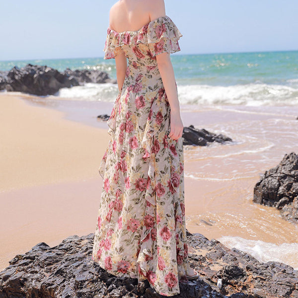 Boho floral v-neck/strapless ruffle maxi dresses