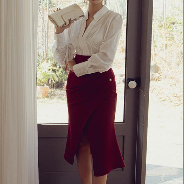 V-neck solid blouses & Irregular peplum skirts