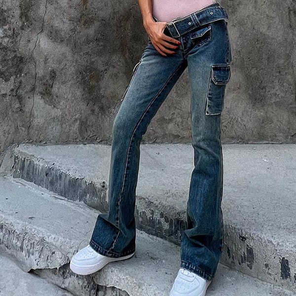 Vintage pockets high waist jeans with belt