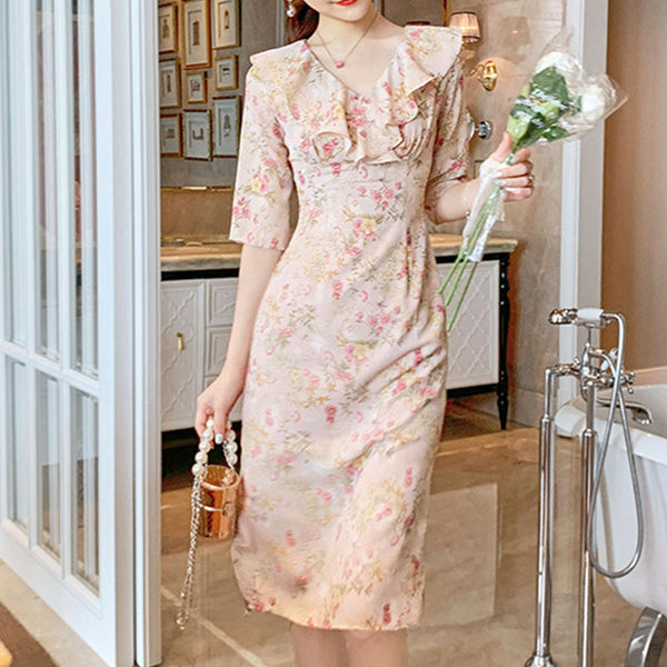 Half sleeve floral ruffle elegant summer dresses