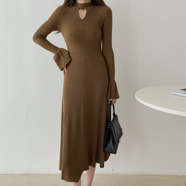 Crew neck gathered waist solid sweater dresses