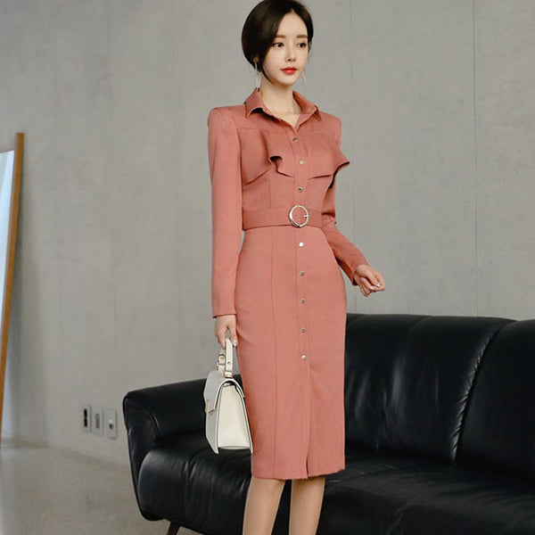 Turn-down collar belted office dresses