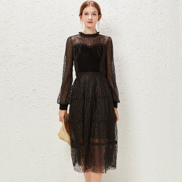 Black mesh patchwork embroidered midi dresses