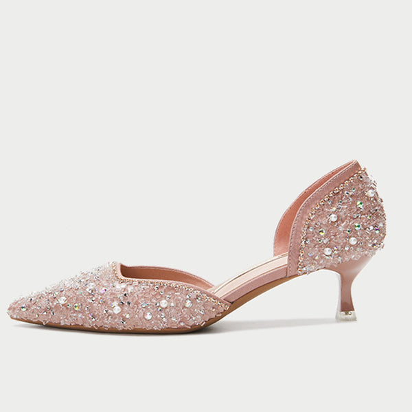 Pointed toe both side cut out diamante low-fronted heels