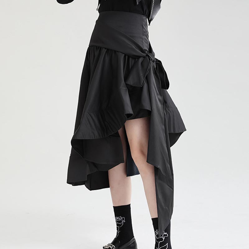 Black belted ruffled high waist irregular skirts