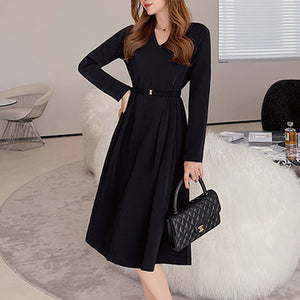 Belted long sleeve black a-line dresses