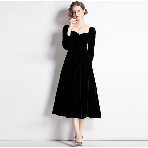 Elegant solid velvet square neck long sleeve cocktail dresses