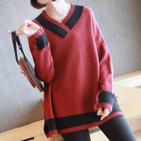 V neck color-blocked mid-length sweaters