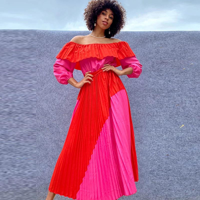 Off-the-shoulder patchwork pleated maxi dresses