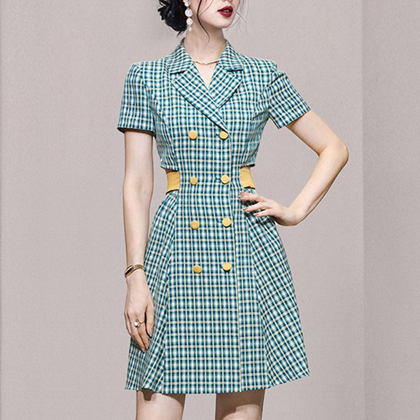 Women Short Sleeve Double button down mini plaid dress