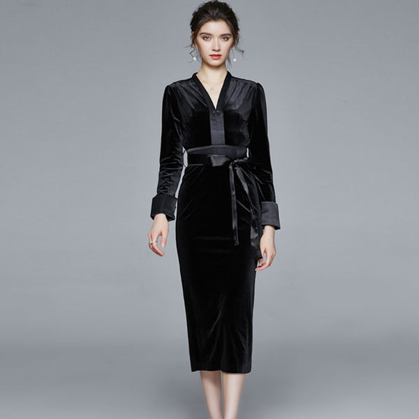 Black vintage v-neck velvet bodycon dresses