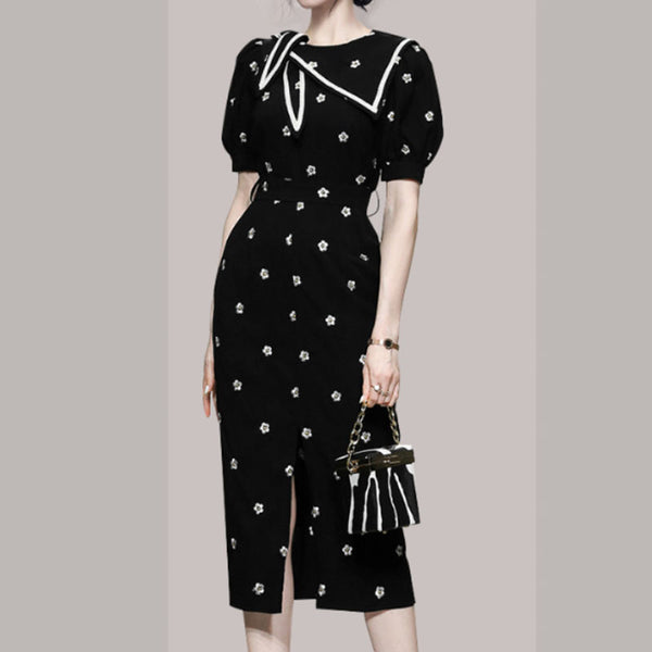 Black puff sleeve embroidered bodycon midi dresses
