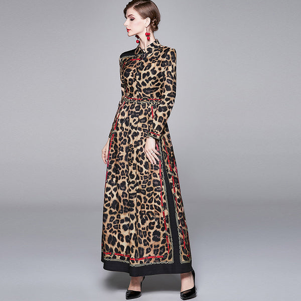 Retro leopard print big hem maxi dresses