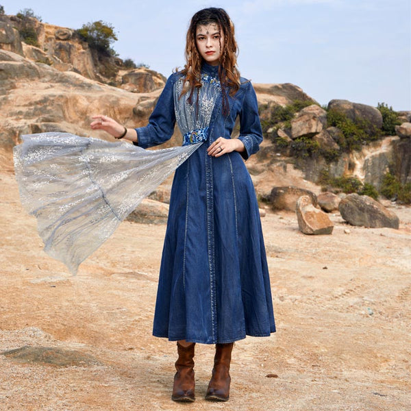 Vintage patch embroidery mong sleeve denim dresses