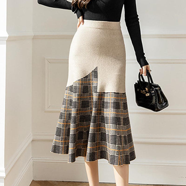Elegant patck plaid high waist skirts