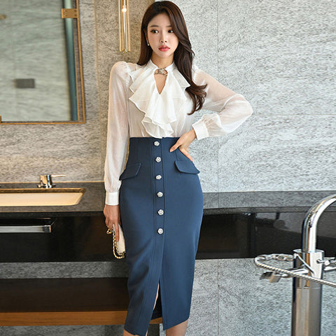 Elegant ruffle puff sleeve blouses and silm bodycon skirts suits