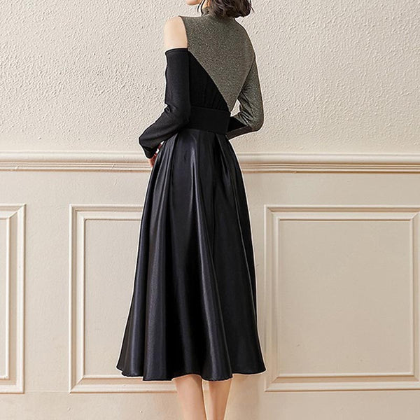 Chic color block mock neck long sleeve knitting tops and high waist a-line skirts suits