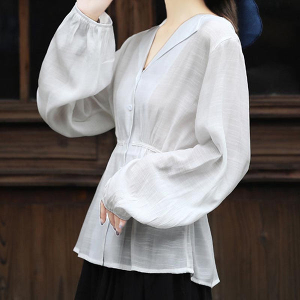 Solid v-neck long sleeve lacing blouses