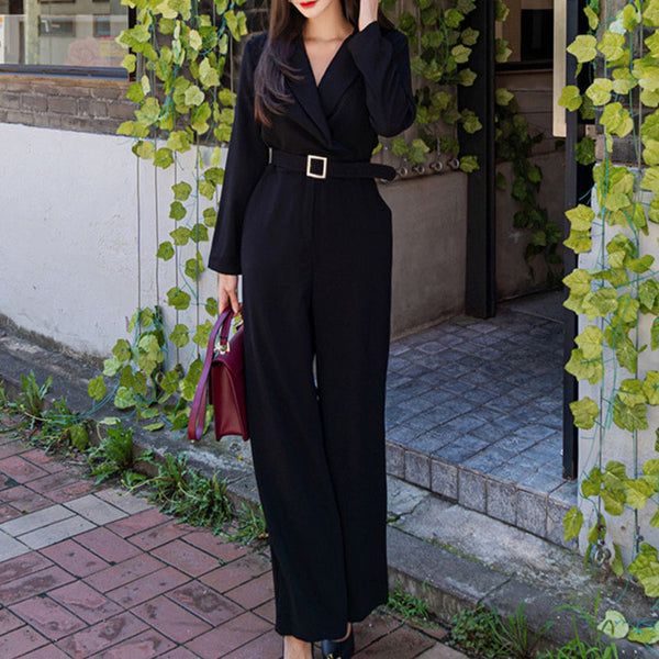 Lapel long sleeve black jumpsuits