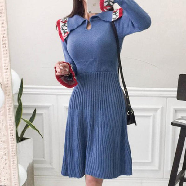 Cinched waist jacquard pleated sweater skater dresses