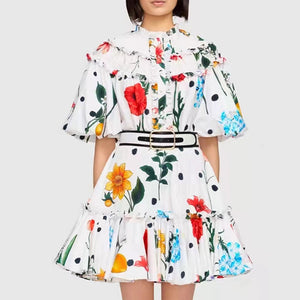 Puff sleeve print belted a-line dresses
