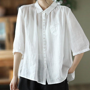 Loose solid lapel short sleeve blouses