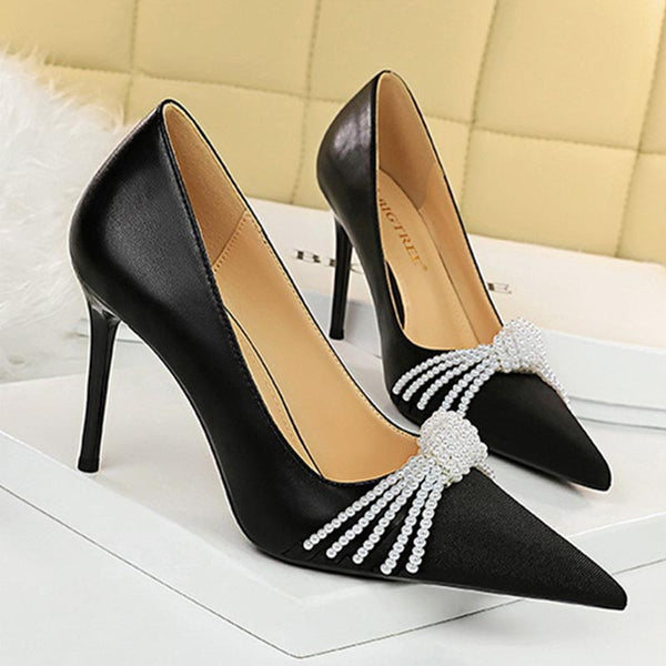 Women pearl bow patchwork high heel shoes
