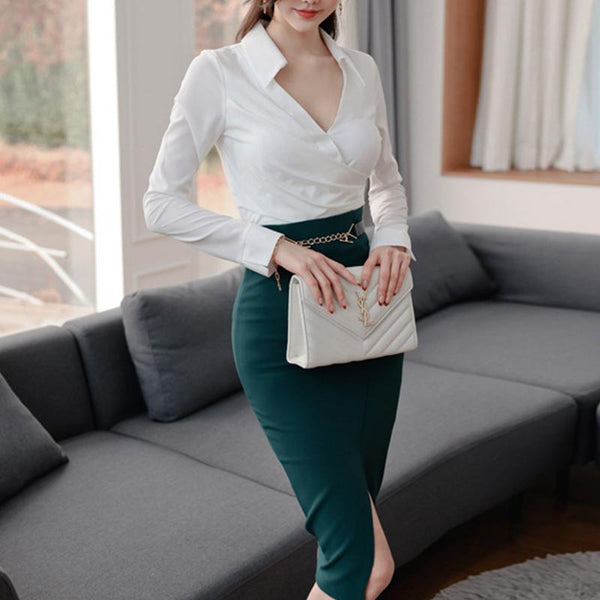 V-neck high waisted split skirt suits