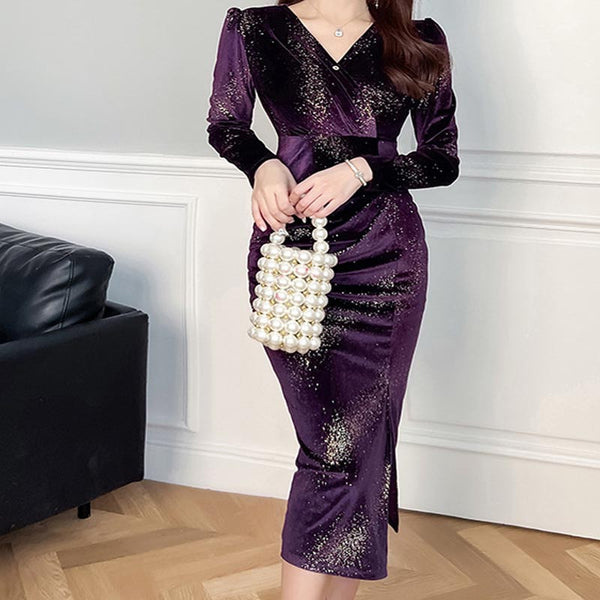 Velvet v-neck long sleeve split slim dresses