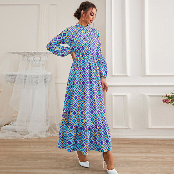 Vintage geometric long sleeve gathered waist maxi dresses