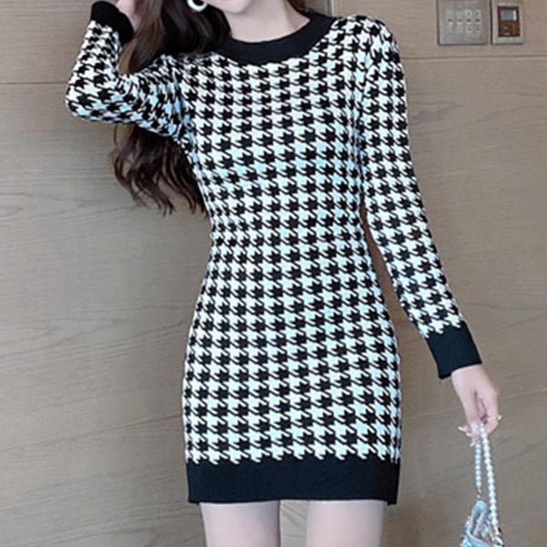 Crew neck houndstooth bodycon knitted dresses
