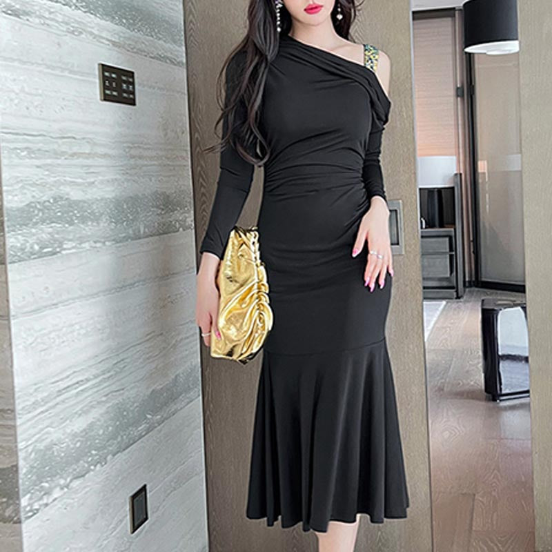 Solid sloping shoulders long sleeve mermaid dresses