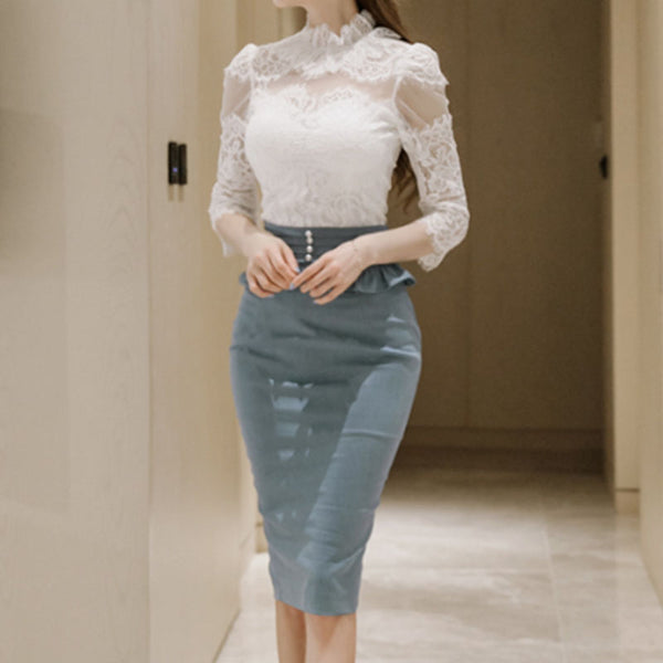 Transparent lace top split pencil skirt suits