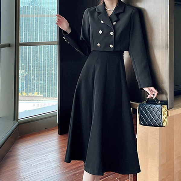 Solid lapel long sleeve short blazers and high wasit a-line skirts suits