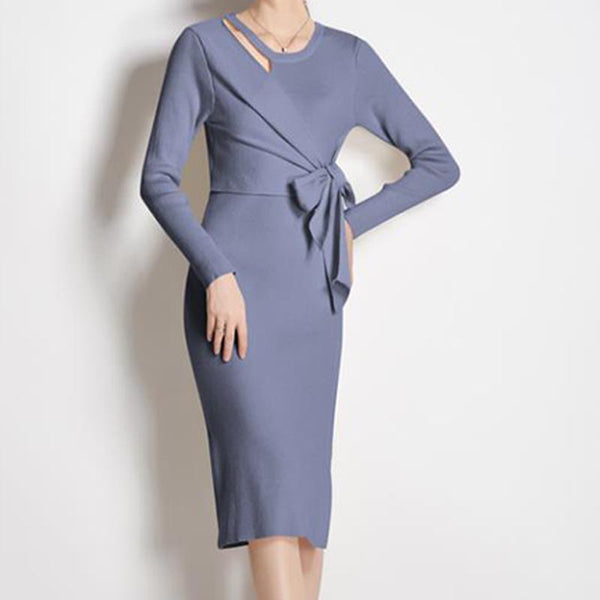 Solid hollow out o-neck long sleeve belted slim dresses
