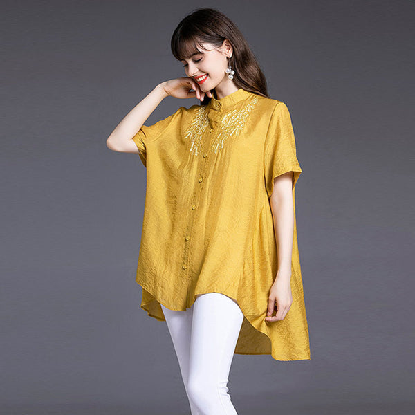 Plus size embroidered mid-long blouses
