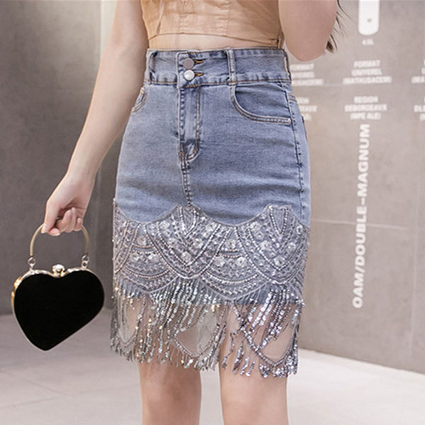 High waisted denim sequined ripped skirts