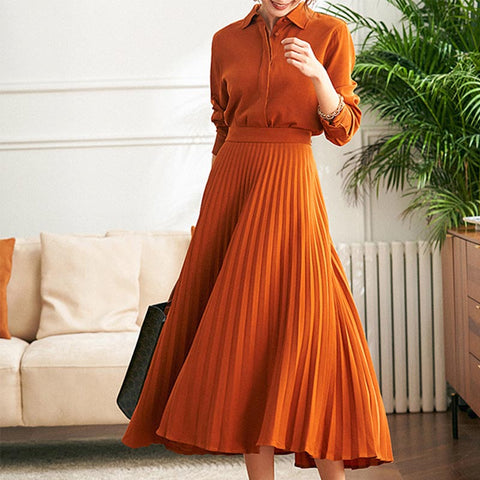 Casual lapel long sleeve pleated a-line dresses