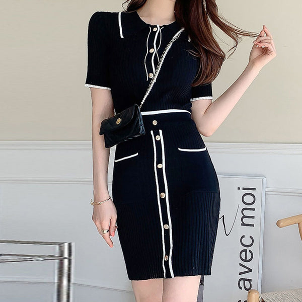 Turn-down collar top knitted sheath skirt suits