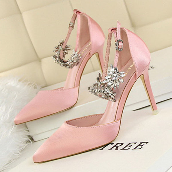 Satin rhinestone pointed heel shoes