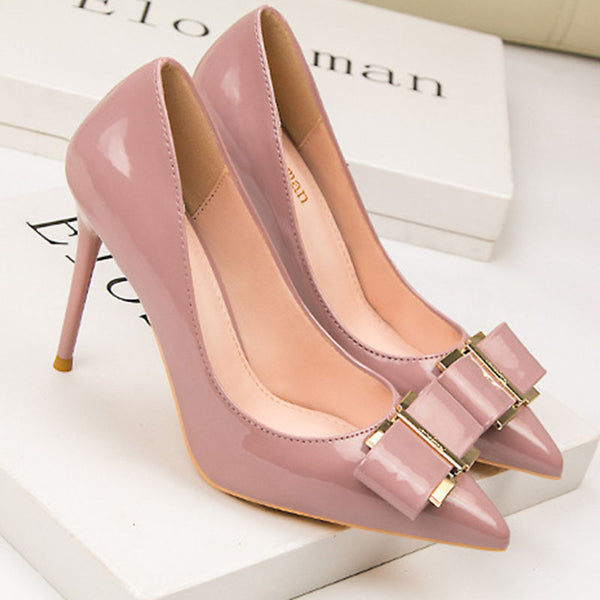 Solid patent leather bowknot pointed toe heels