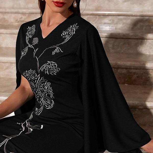 Elegant embroidery v-neck bat sleeve maxi dresses